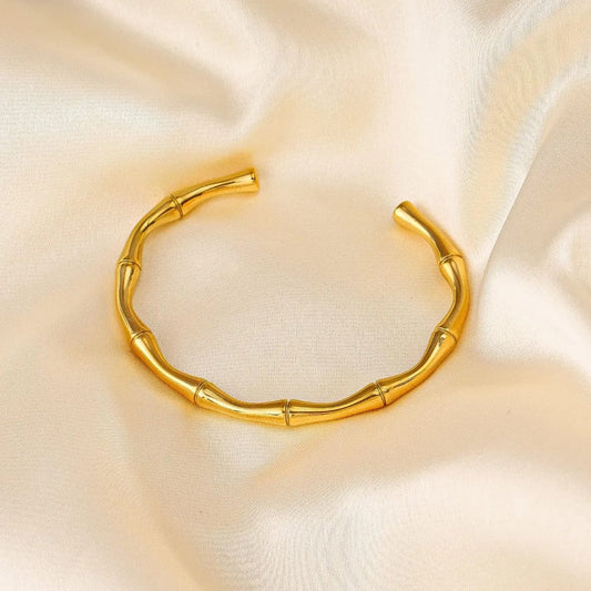 Bamboo Cuff Bracelet Bangle - 18K Gold Plated