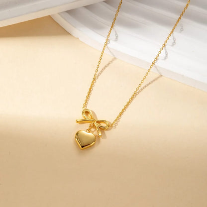 Heart Bow Pendent Necklace - 18K Gold Plated