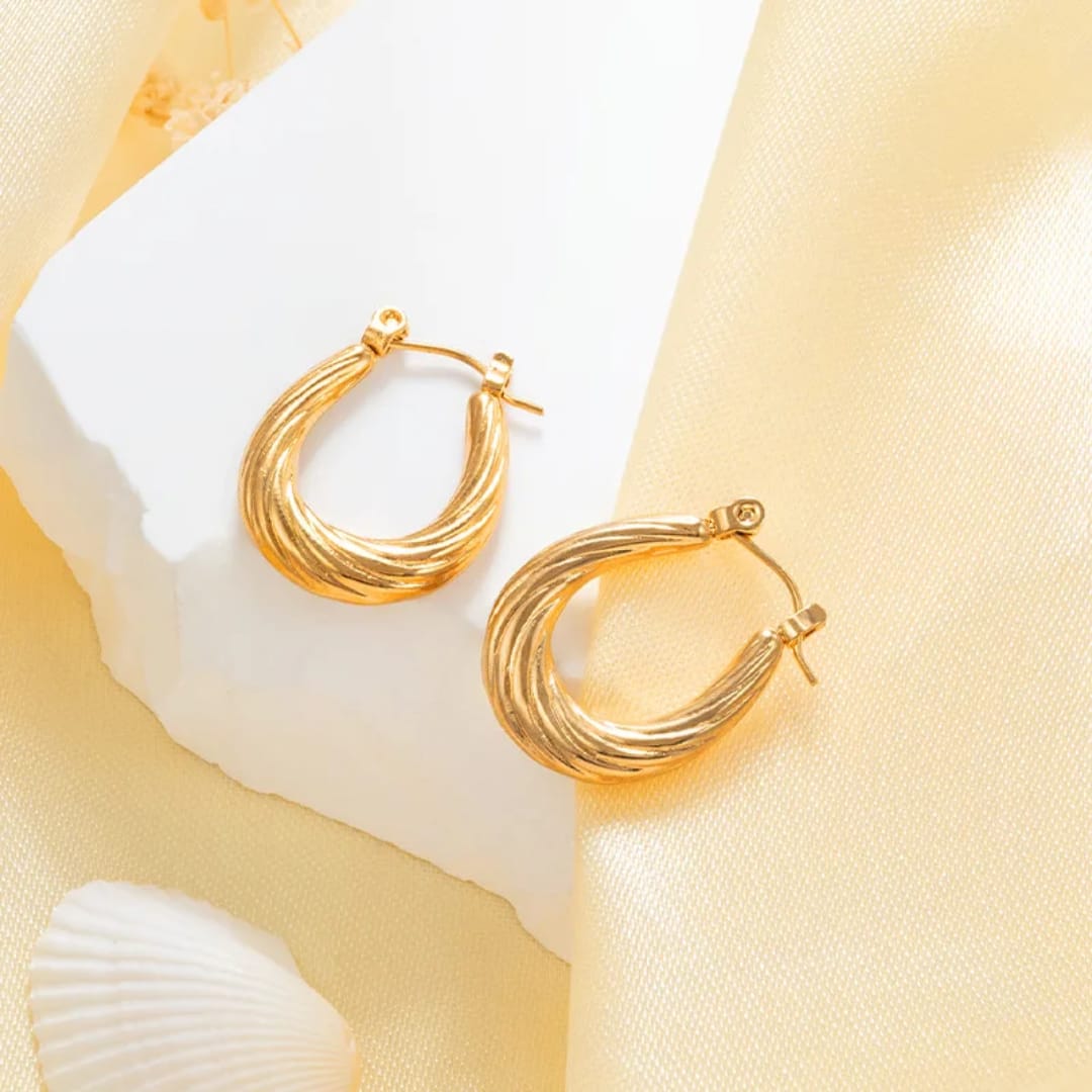 18k Gold Plated Oval Texture Hoops Water proof Anti-Tarnish Earring