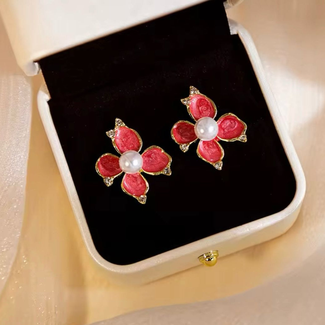 Elegant Red Floral Korean Earring