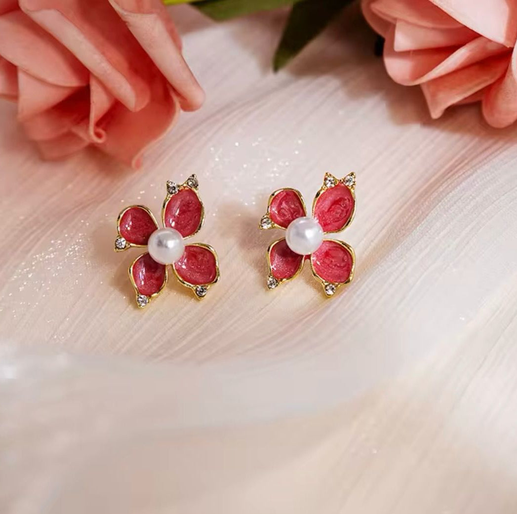 Elegant Red Floral Korean Earring