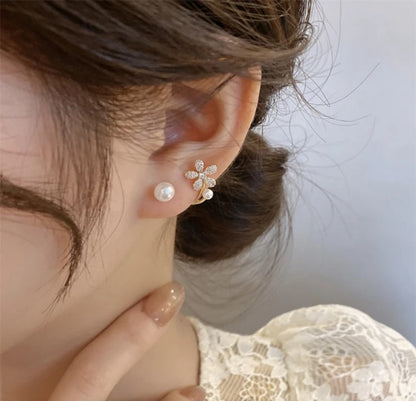 Gold Plated Korean Floral Pearl Stud Earrings