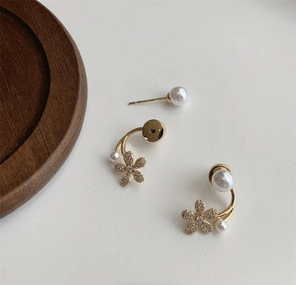 Gold Plated Korean Floral Pearl Stud Earrings