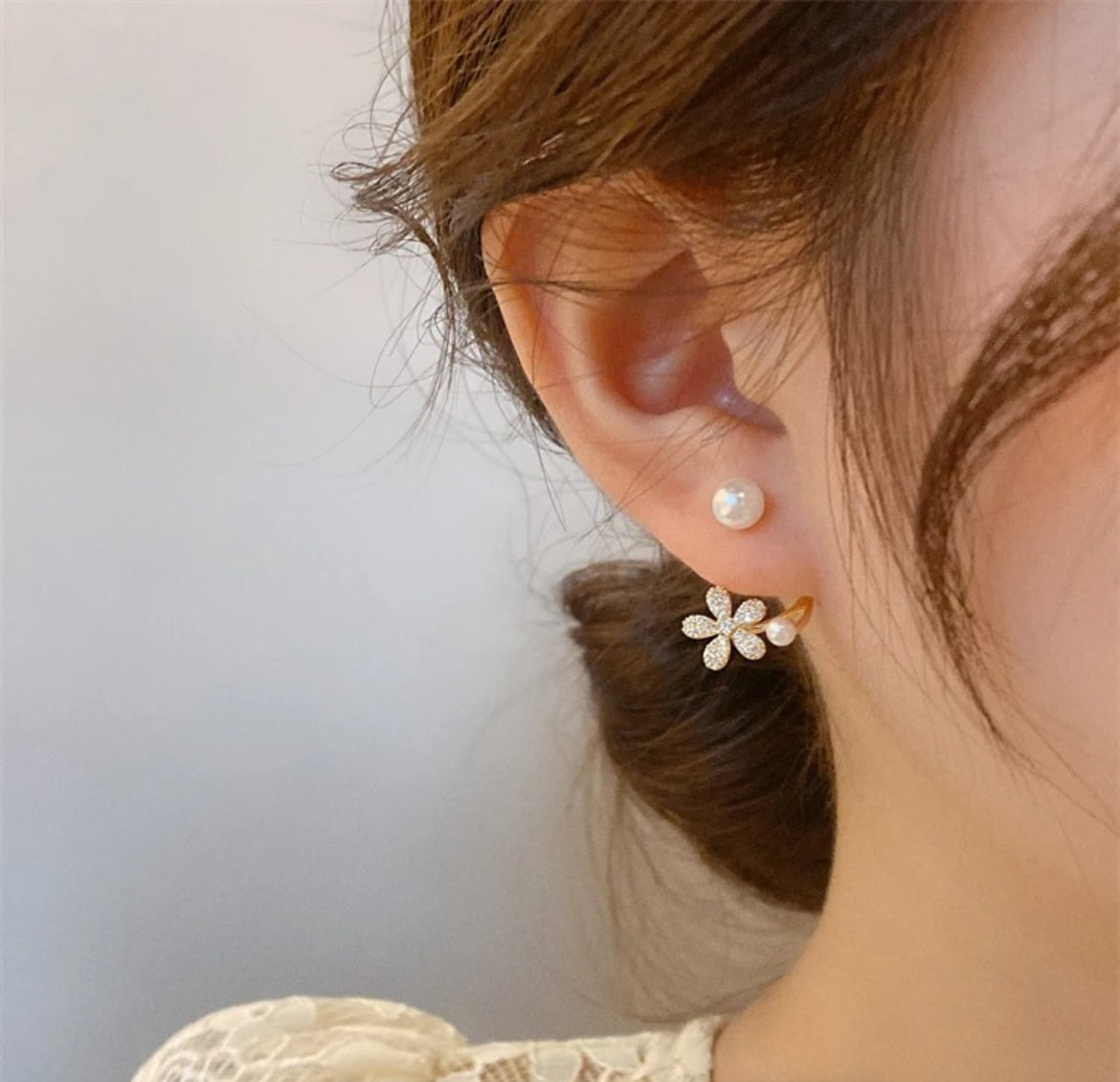 Gold Plated Korean Floral Pearl Stud Earrings