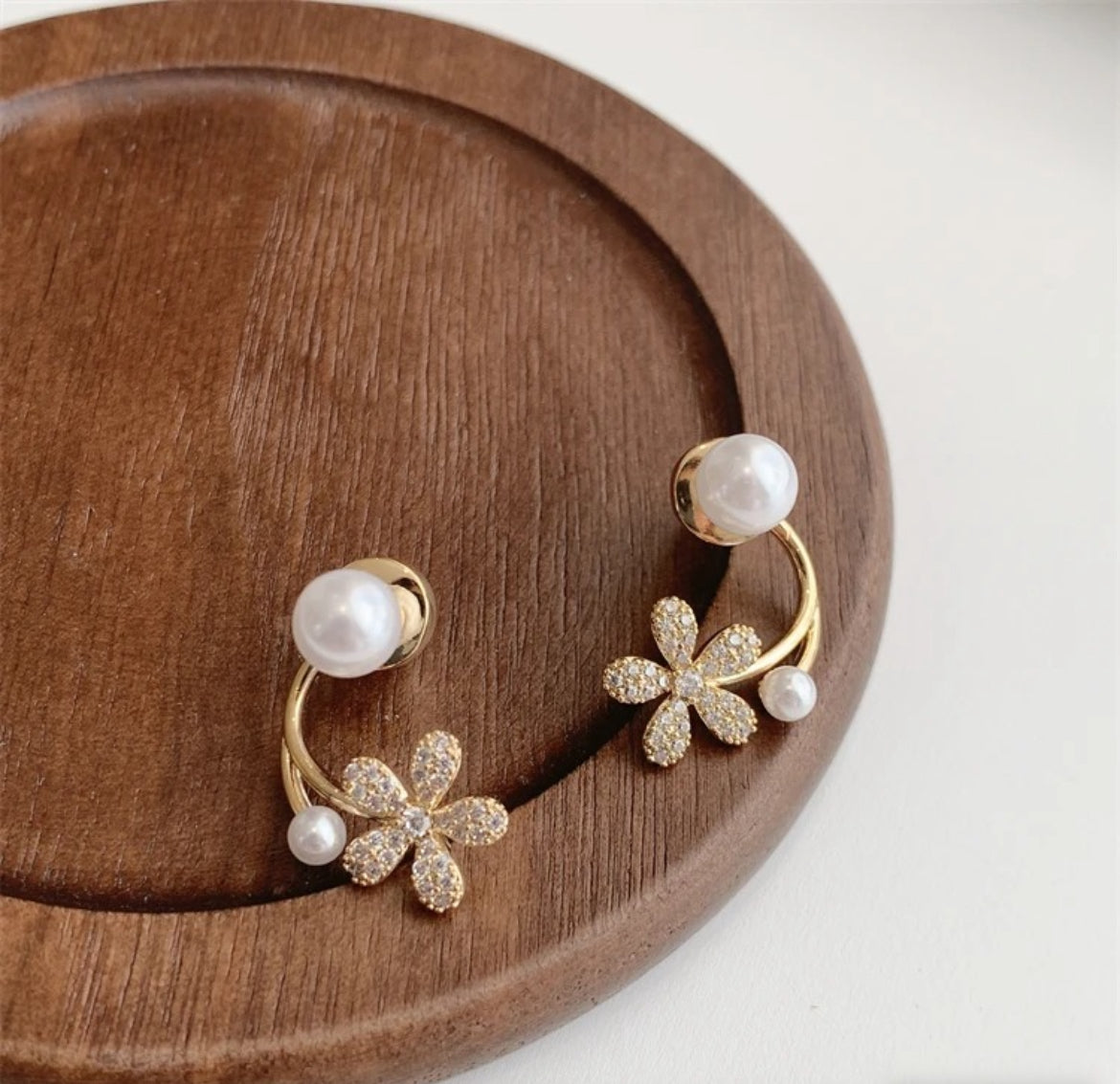 Gold Plated Korean Floral Pearl Stud Earrings