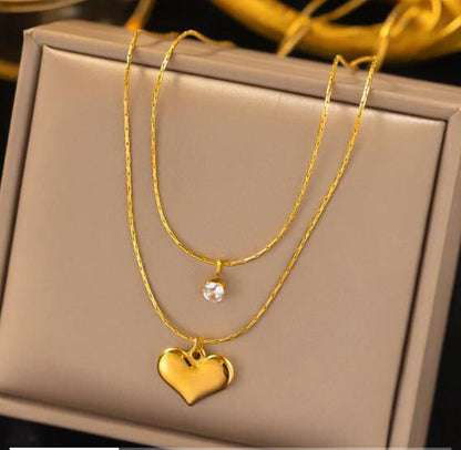 Double layer Pearl Heart Pendent Necklace - 18K Gold Plated