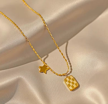 Checkerboard Square Necklace - 22K Gold Plated